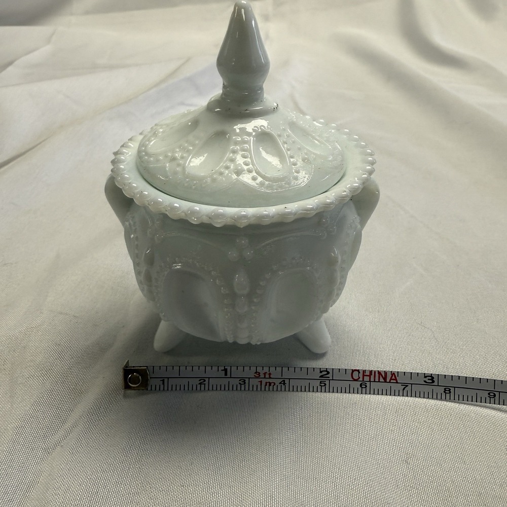 EAPG US Glass Wisconsin Beaded Dewdrop Cache Pot Lid Individual Sugar Jar White